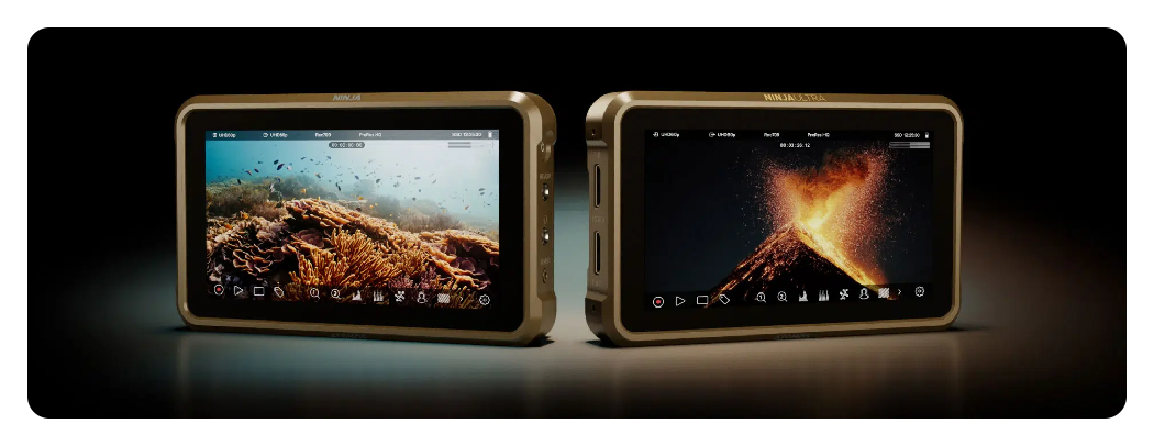 atomos ninja and atomos ninja ultra side by side on a black background